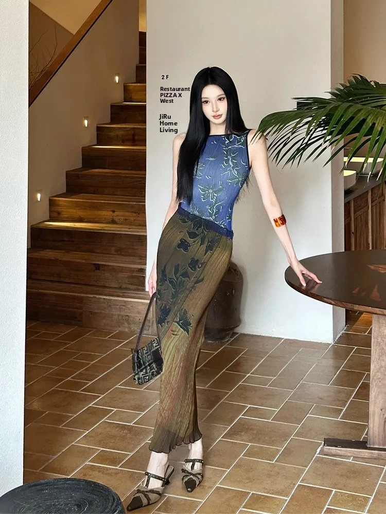 

Elegant High Waist Floral Print Sleeveless Vest Dress Women's Waist Cinched Long Skirt Chinese New Style Retro Design