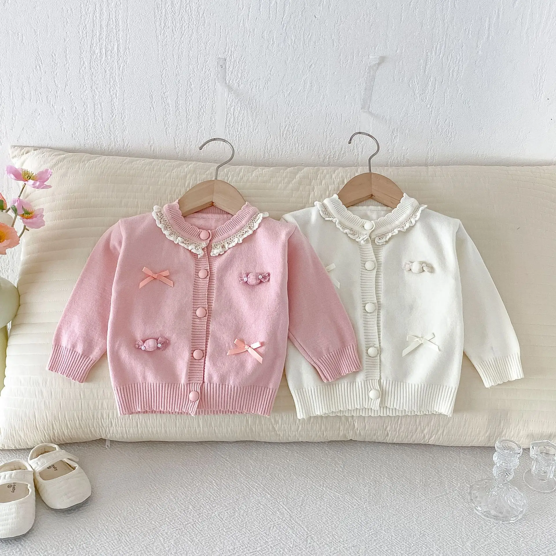 2026 Autumn New Girls Long Sleeve Knitted Coat Cotton Baby Girl Sweet Bow Lace Sweater Cardigan Infant Toddler Clothes
