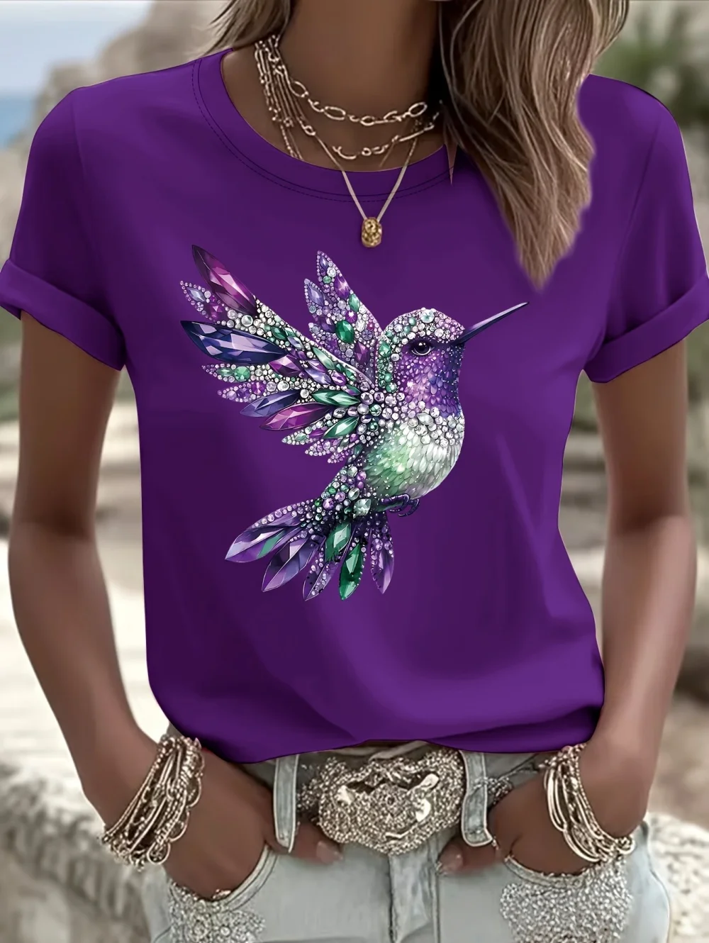 2026 Trendy Women's Faux Diamond Hummingbird Graphics Print T-Shirt Summer Short Sleeved Top Casual Y2k Tee Shirts Woman Clothes
