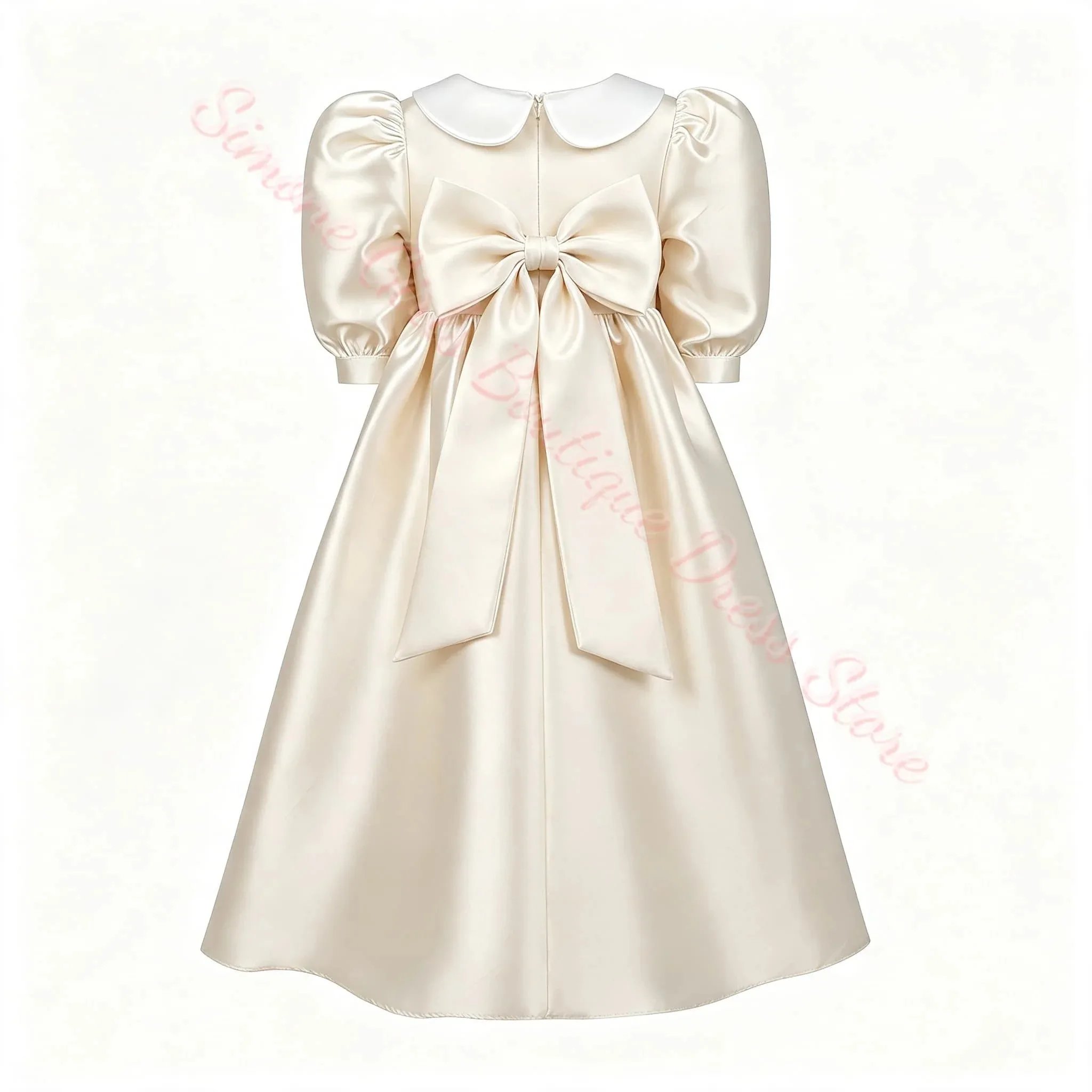 Maßgeschneidertes Großhandels-Champagner-Puffy-Blumenmädchenkleid für Hochzeiten, Satin, 3/4-Armel, Erstkommunion, Kindergeburtstagskleid – Detail 2