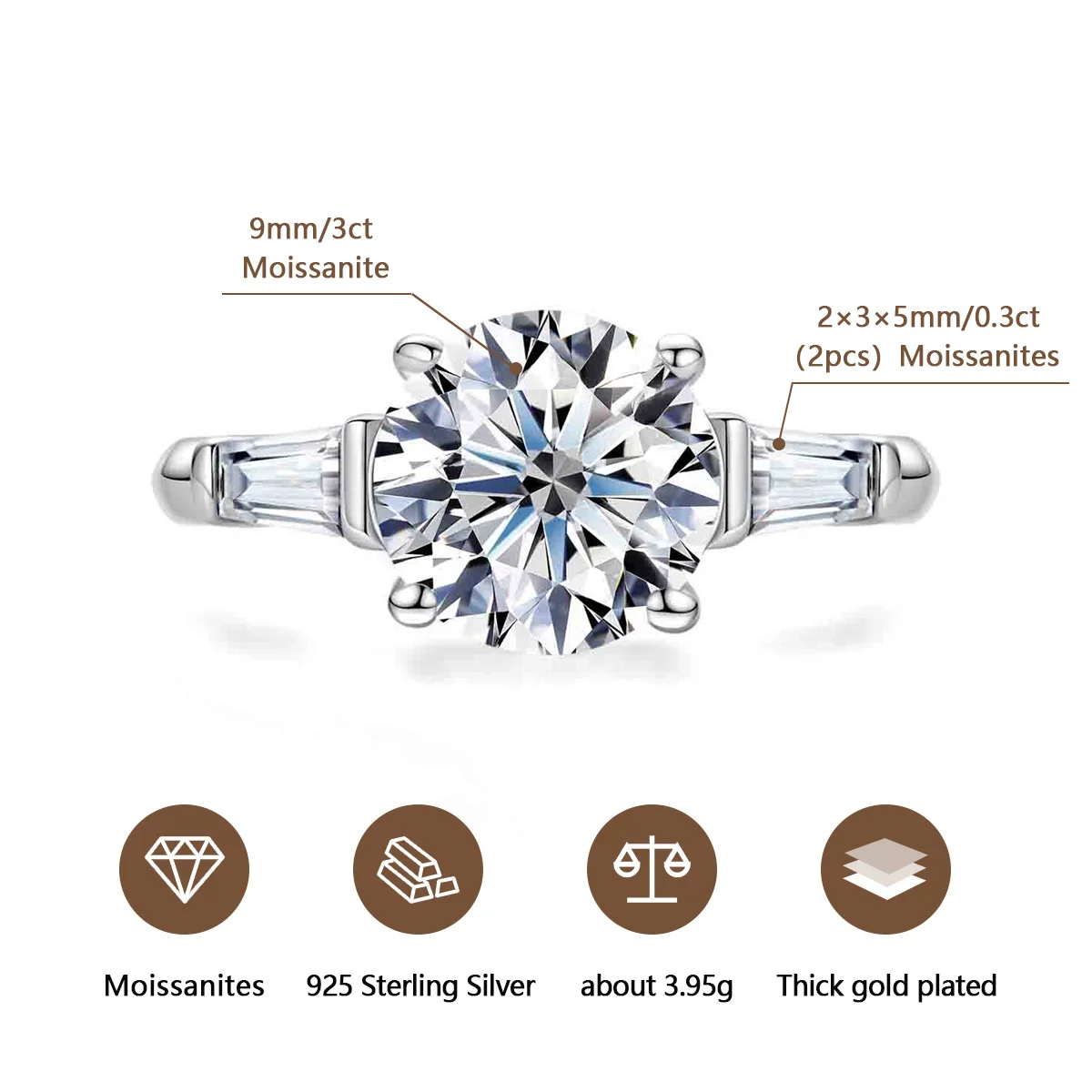 Felice 3ct D Color Moissanite anello di fidanzamento 925 Sterling Silver placcato oro Lab Diamond 3 anelli di pietra per gioielli da donna