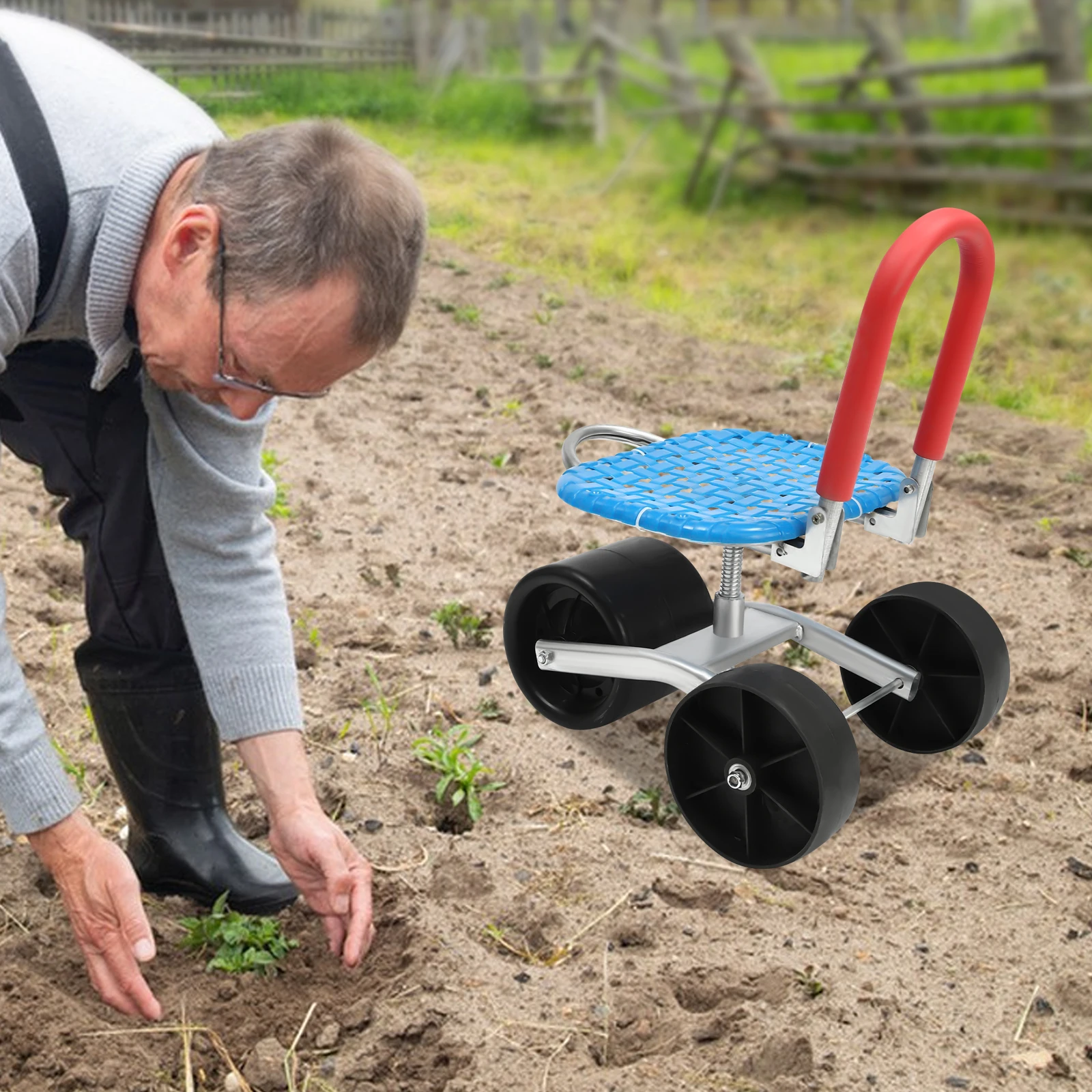 Rolling Work Seat for Garden, High-Carbon Steel Frame with PP Seat and PE Wheels, Adjustable Height for Lawn and Farm