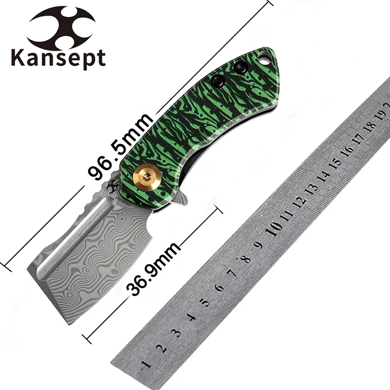 

Kansept Knives Mini Korvid K3030A12 Damascus and Jade G10 with Watermelon Peel Print Koch Tools Design for EDC Carry