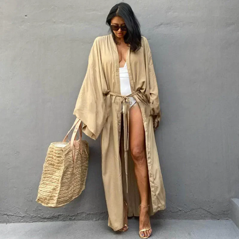 

Women Beach Wear Cover Up Cardigan Robe De Plage 5 Colors Solid Bikini Cover-ups Long Kimono Sexy Belted Summer Wrap Dress