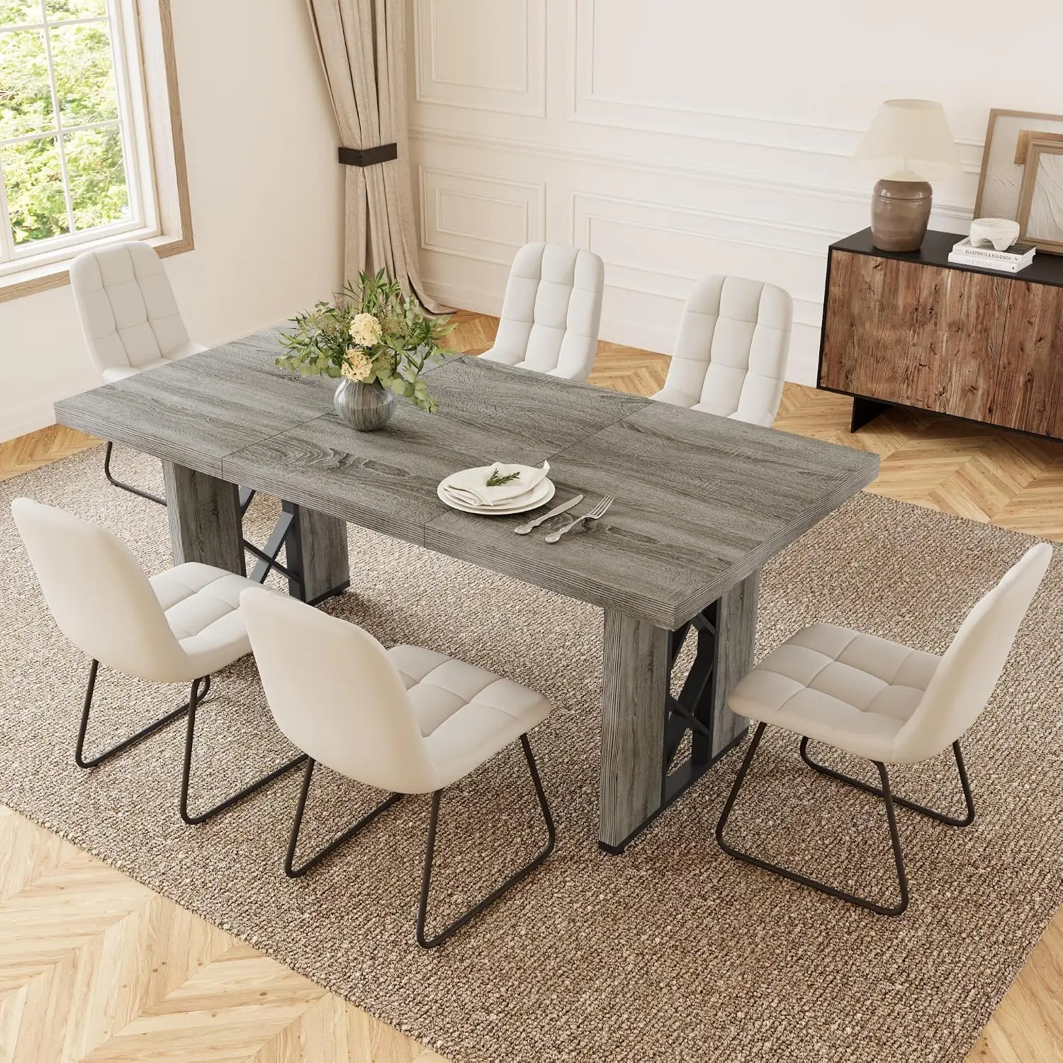 7-Piece Dining Set for 6, Grey Table with 6  White Chairs, Customized