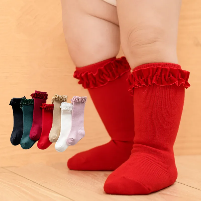 Calcetines con volantes para bebé, calcetín hasta la rodilla, algodón sólido, encaje de flores, largo, regalo de Navidad para niños de 0 a 3 años