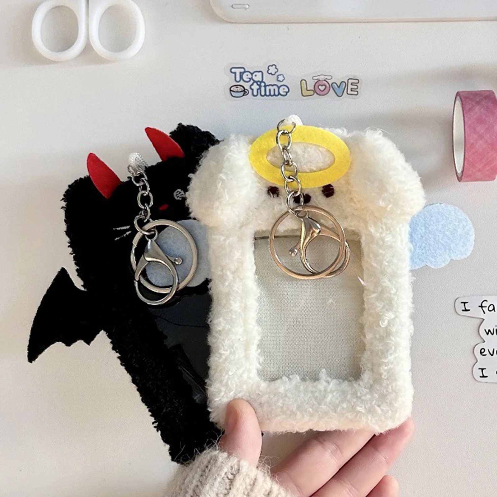 Angel Puppy Devil Kitten 3 Inch Kpop Photocard Holder Kawaii Plush Id Card Photo Display Holder Bag Korean School Stationery view 4
