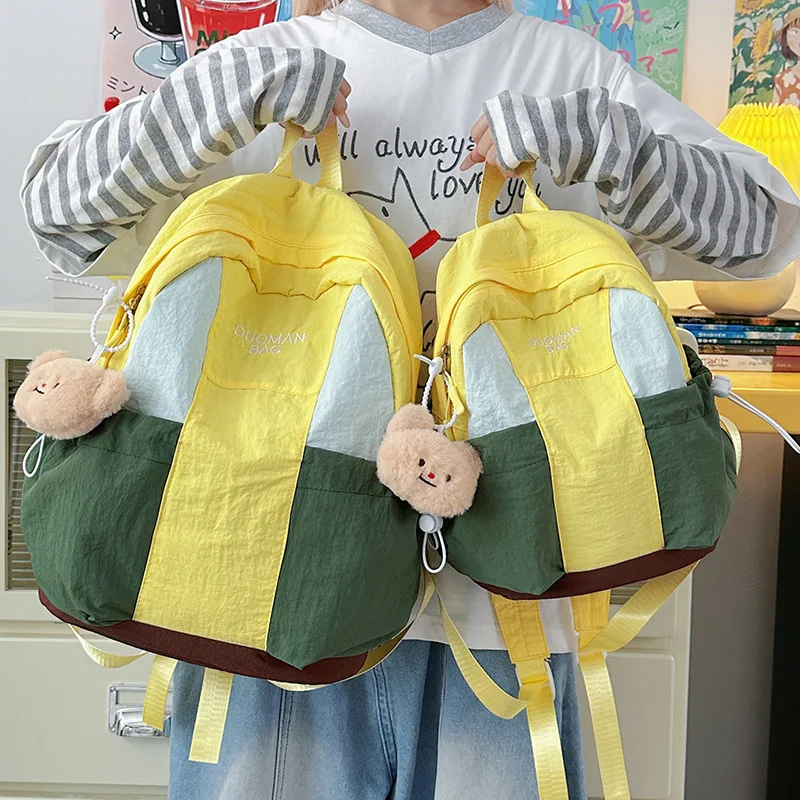 Kawaii Color Block Splicing Backpack Lightweight Nylon Student School Bag Cute Contrast Color Travel Rucksack