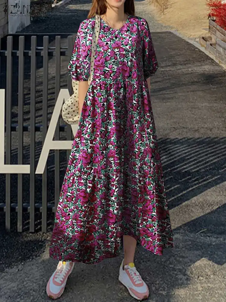 ZANZEA Summer Bohemian Dress Women Vintage Short Sleeve Floral Printed Vestidos Maxi Robe Femme Casual Beach Holiday Sundress