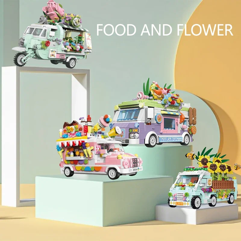 City Street View Dining Car Food Snacks Hamburg Car Dining Mini Building Blocks Flower Shop Car Bricks Friends Children Toy Gift