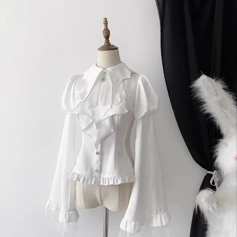 Damenbekleidung Hemd Laterne Lange Ärmel Einfarbig Lässiges Design Mode Vintage Lolita Stil Gothic Slim Bluse Y2k Tops