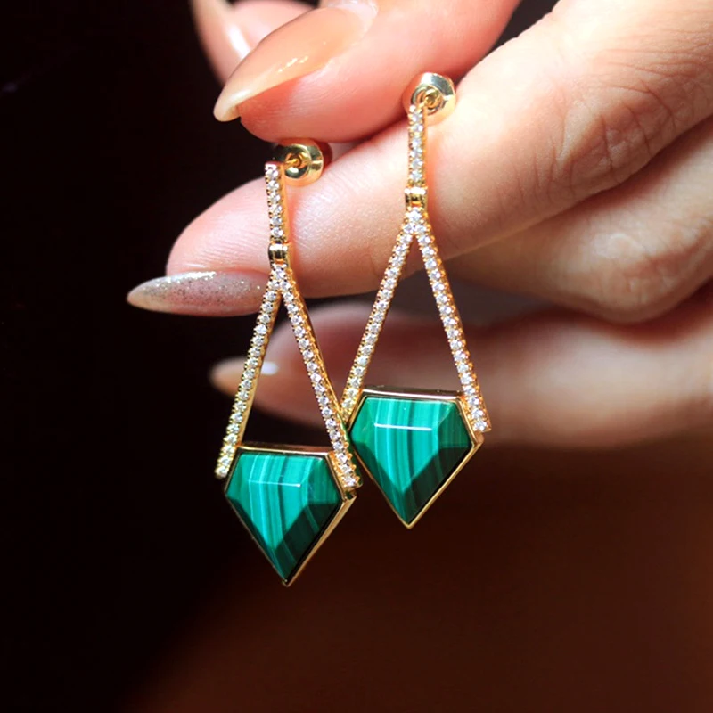 

MIQIAO Natural Malachite Earrings For Women s925 Sterling Silver Gold-Plated Triangle Cut Corner Earrings Luxury Fine Jewelry