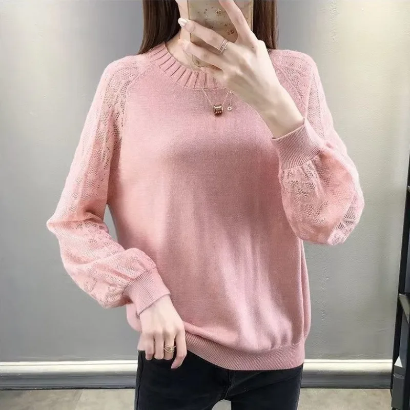 Women\'s Clothing Autumn Winter Round Neck Solid Color Pullover Sweater Knitted Lantern Long Sleeve Casual Elegant Korean Tops