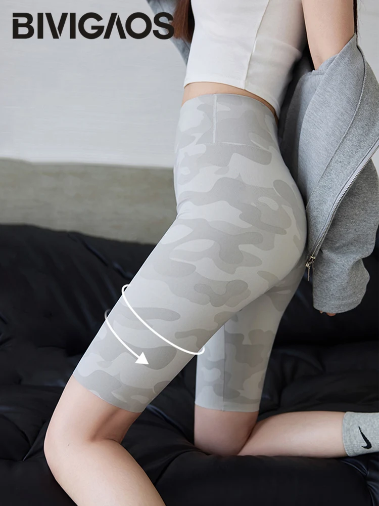 BIVIGAOS Summer Slim Camouflage Knee Length Cycling Shorts Women Casual Sharkskin Sports Running Fitness Biker Short Leggings