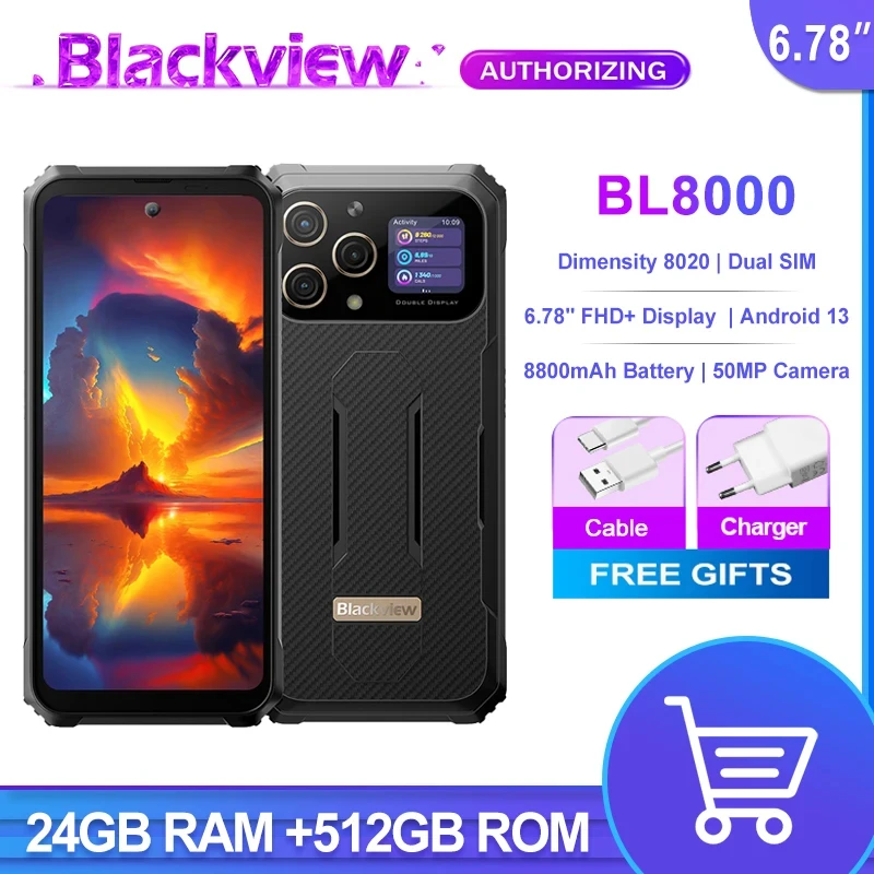 Blackview BL8000สมาร์ทโฟนที่ทนทานขนาด5G 6.78 "2.4K FHD + จอแสดงผล24GB + 512GB กล้อง50MP 8800MAH แบตเตอรี่มือถือแปดคอร์