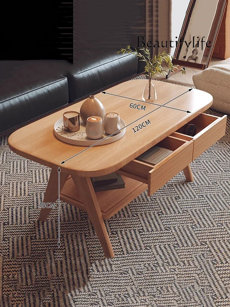 6 طاولة القهوة الخشبية الصلبة الشمال العتيقة طاولة استخراج مزدوجة غرفة المعيشة طاولة شاي بسيطة مع درج أثاث غرفة التخزين