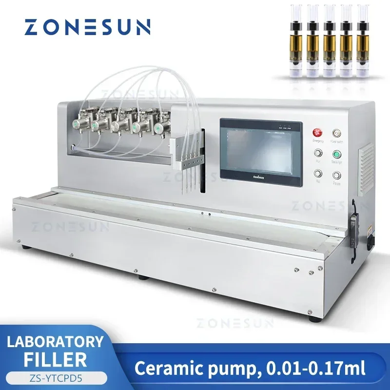 ZONESUN ZS-YTCPD5 Automatic 5-Head Ceramic Plunger Pump Filling Machine High Precision Mini Liquid Dose Filler for Reagent Vials