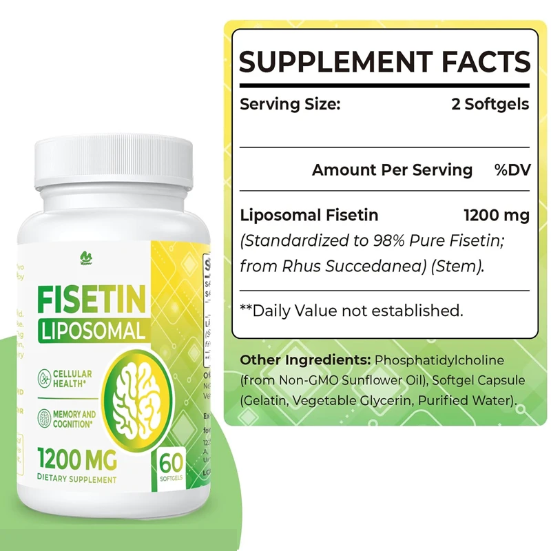 

1200mg Liposome Fisetin Supplement 98% Pure Fisetin Polyphenol Antioxidant Immune Health Aging Cognitive Support Non GMO 60 Caps