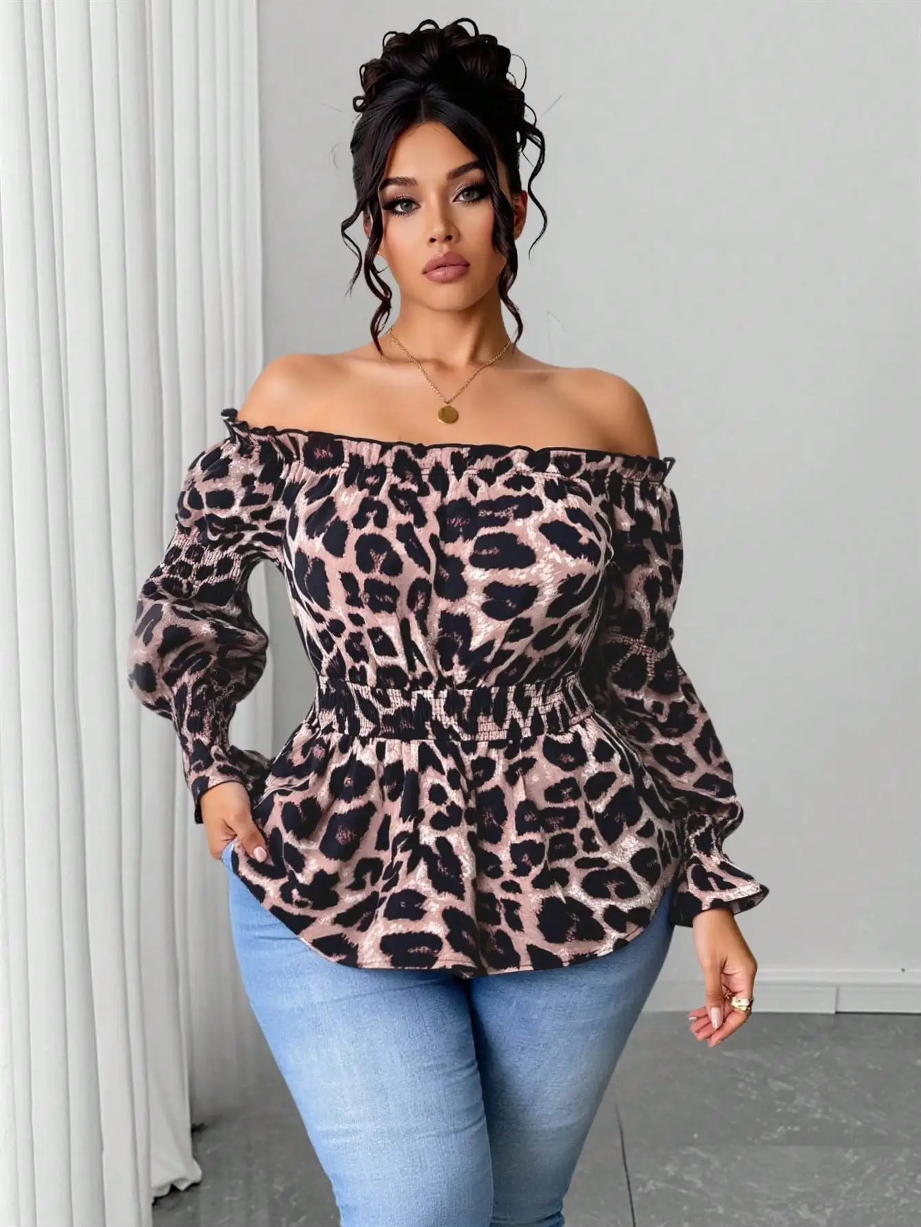 Plus Size Women Leopard Print Ruffled Off-Shoulder Long Sleeve Fashionable Blouse, Spring & Summer Peplum Top - view 5