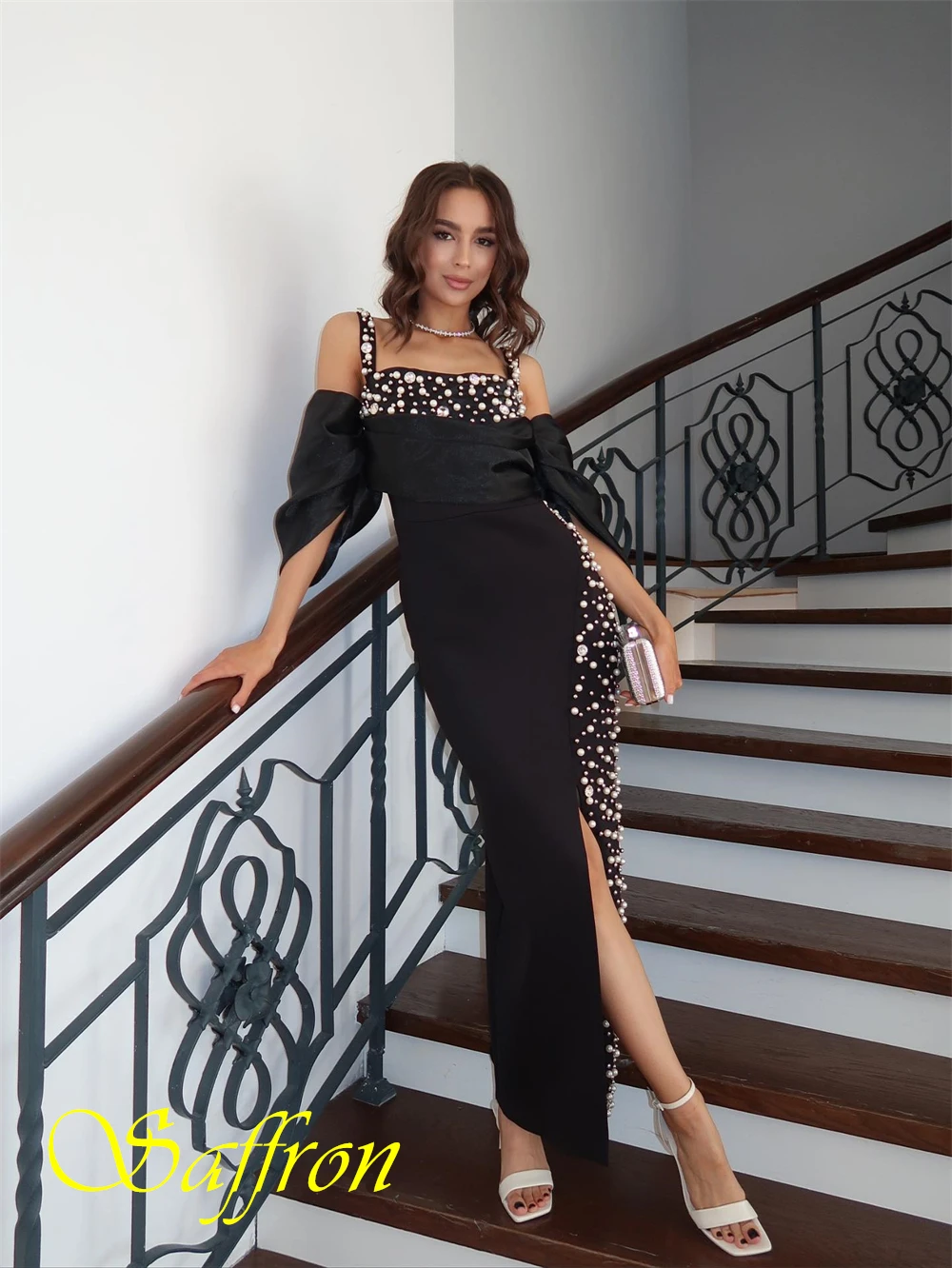 تخصيص أنيقة جيرسي ساحة طوق مساء اللباس الكلاسيكية حورية البحر فساتين حفلة موسيقية أزياء اللؤلؤ فساتين المناسبات الخاصة