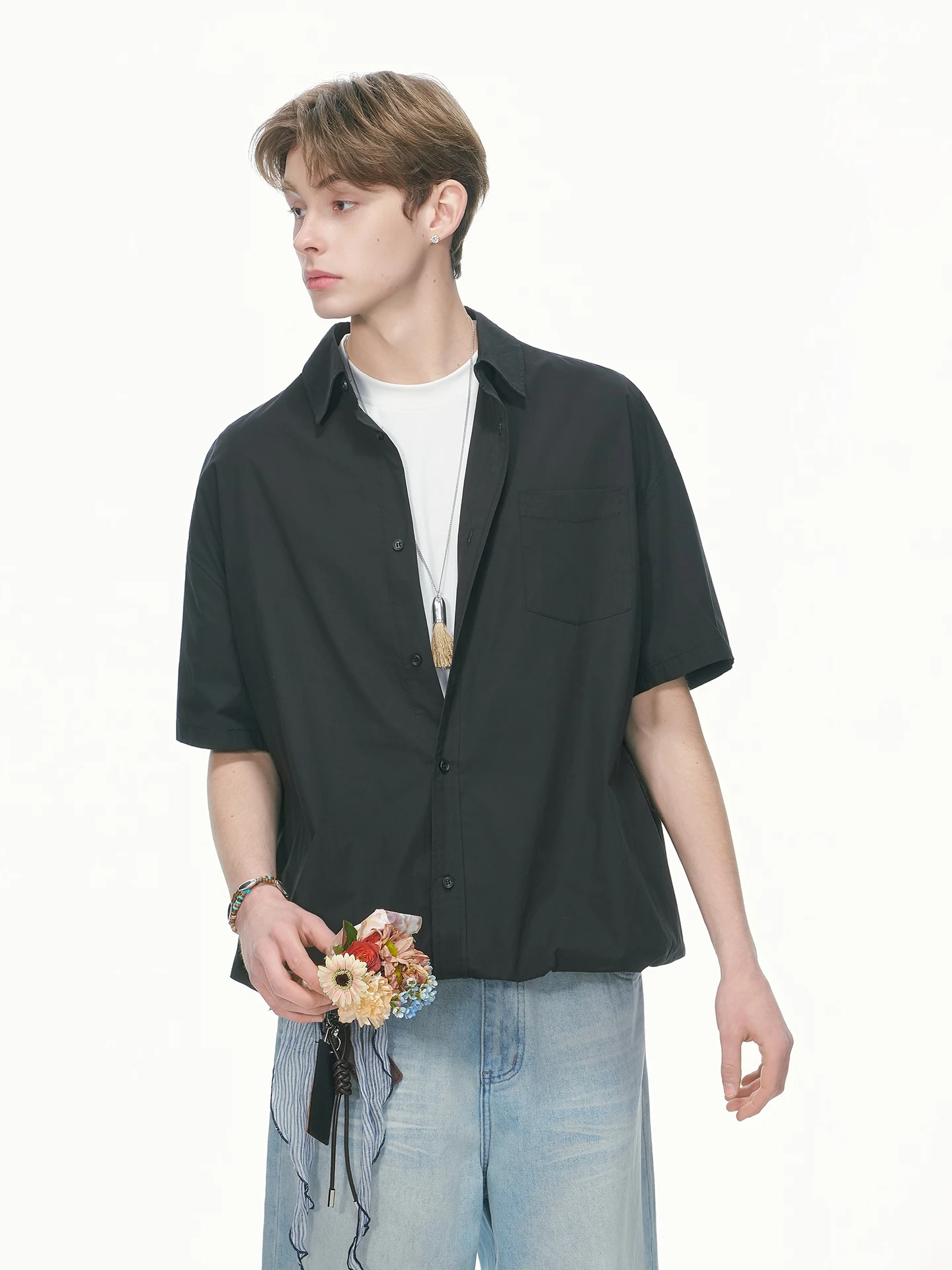 Minimalist Couple White Shirt Loose Fit Short Sleeve Men's Women's Floral Print Two-Piece Mock Jacket Breathable Cotton Summer