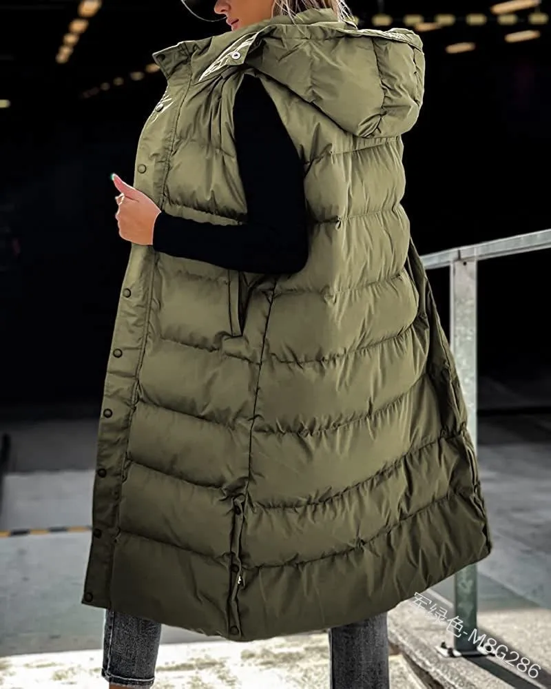 Solid Color Mid-Length Vest Hooded Top Women\'s Casual Fashion Zipper Single-Breasted Coat Autumn Winter Loose Warm Parka