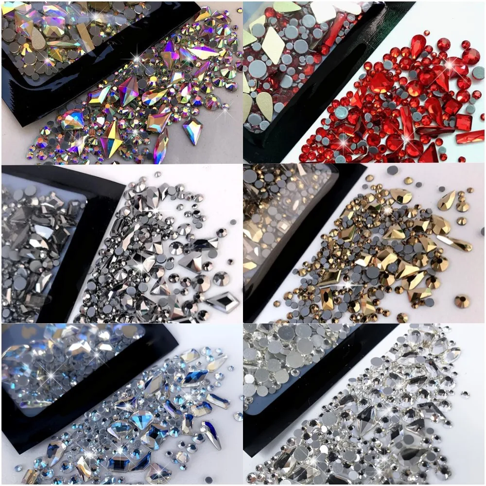 170pcs Round+Odd Shaped Flatback Glass Rhinestones Nail Charms DIY Sparkly Diamond Manicure Crafts Making Beads Nail Decorations