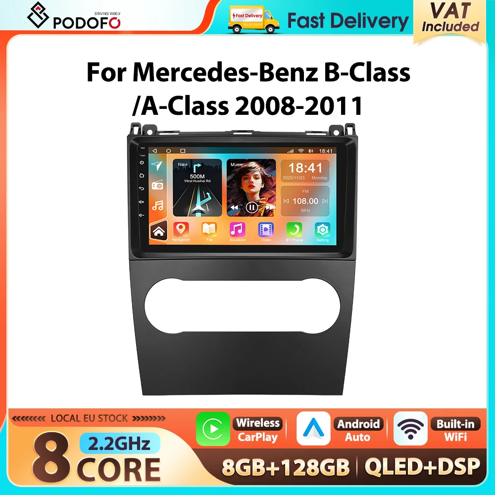 Podofo Kabelloses CarPlay Autoradio für Mercedes Benz B-Klasse/A-Klasse 2008-2011 Autoradio 8+128G 9 Zoll IPS Bildschirm 4G WIFI Android Auto