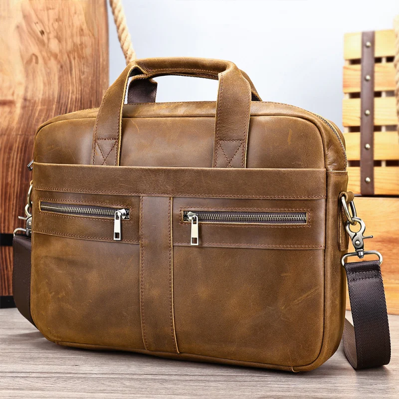 

Мужской кожаный портфель Crazy Horse, 14-дюймовая сумка для ноутбука, мужская сумка из натуральной кожи, деловая сумка из воловьей кожи с верхним слоем