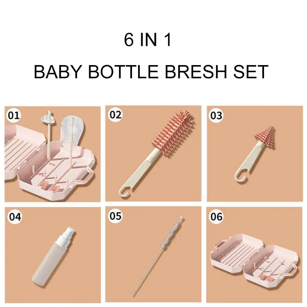 Conjunto de escova de garrafa de silicone portátil bebê fácil de limpar purificador de garrafa chupeta palha lavagem 6 em 1 rack de secagem de garrafa presentes