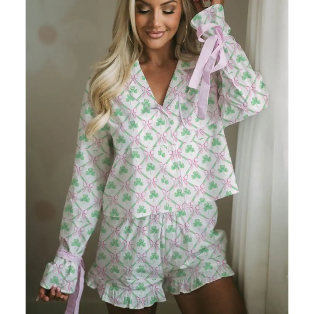 HEZIOWYUN Women\'s St. Patrick\'s Day Elements Print Bow Tied Satin Long Sleeve Button-down Crop Shirt Tops +Ruffled Hem Shorts