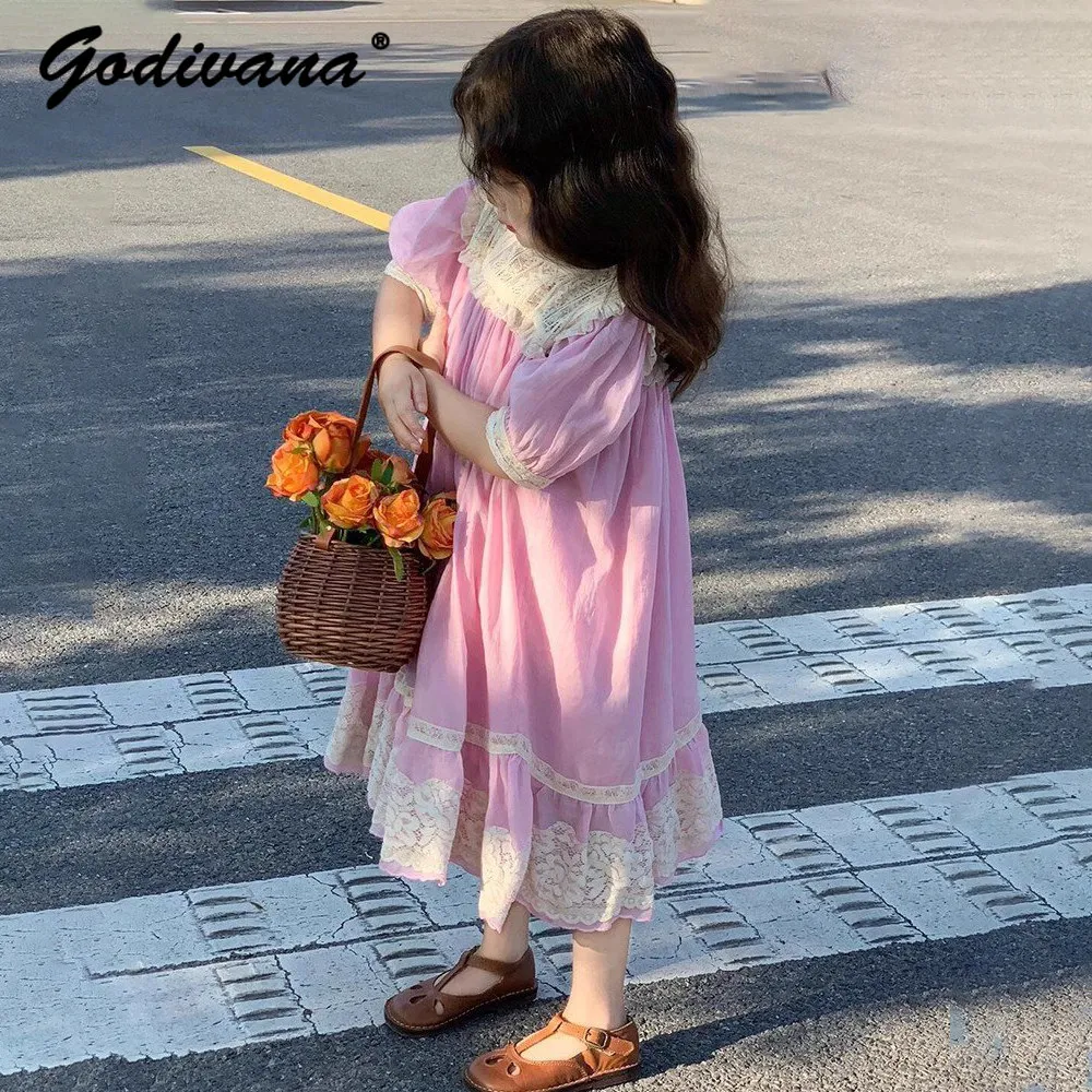 French Baby Girls 2026 Summer New Pink Lace Trimmed Flared Dress Kids Sweet Bubble Sleeve Cotton Loose Oversize Casual Dress