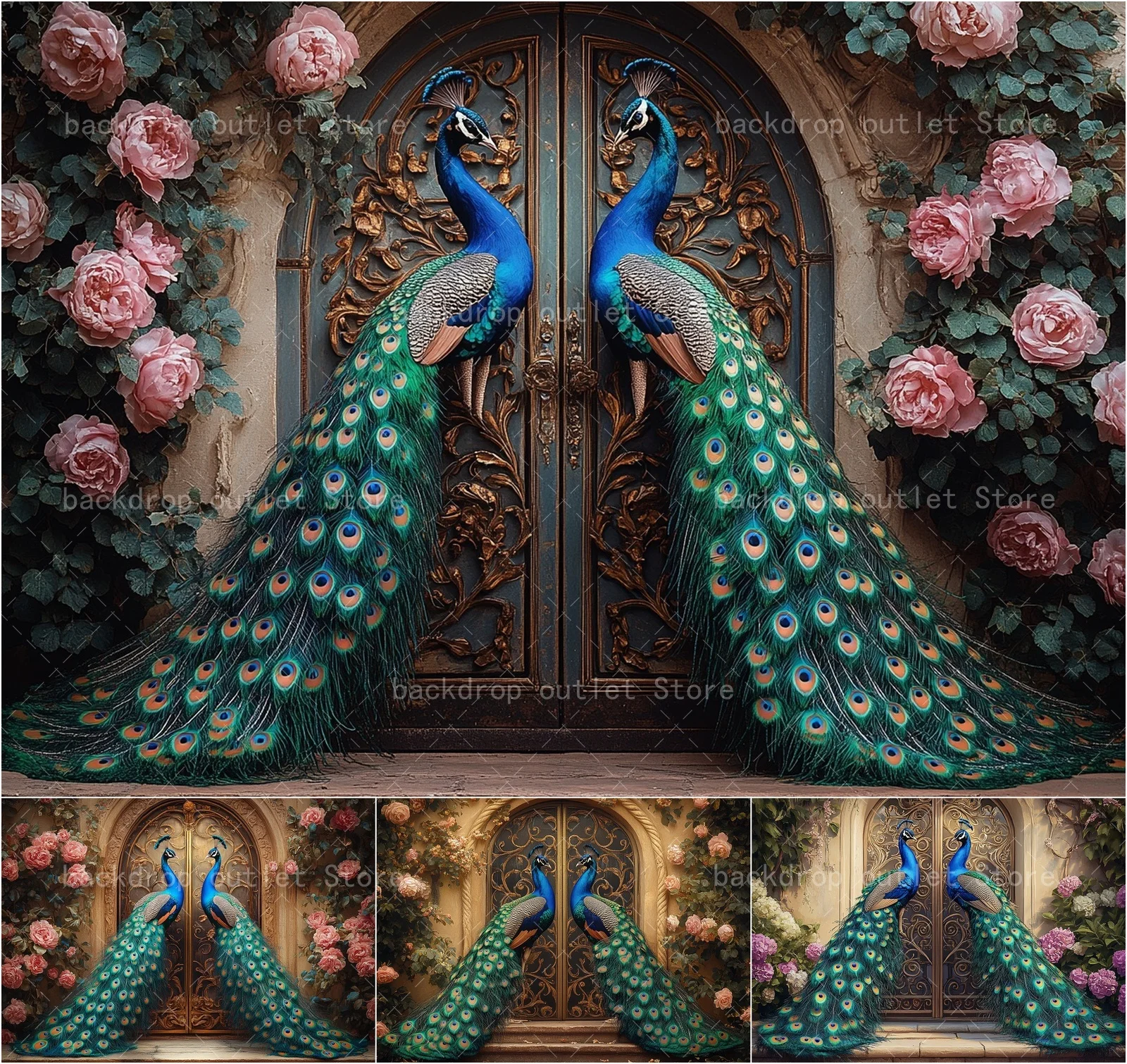 mehofond-fundo-fotografico-vintage-pavao-com-flores-rosas-para-decoracao-de-porta-cenario-para-retrato-de-gestante-adereco-de-estudio