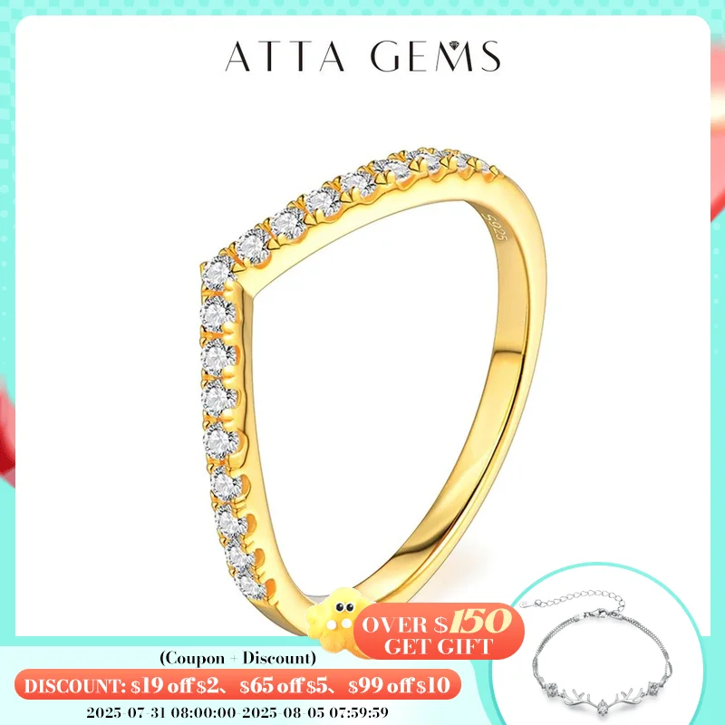 

ATTAGEMS Moissanite Diamond 18K Plated Rings Jewelry Moissanite Chevron Shared Prong Set Dainty Wedding Band with 1.5 MM Stones