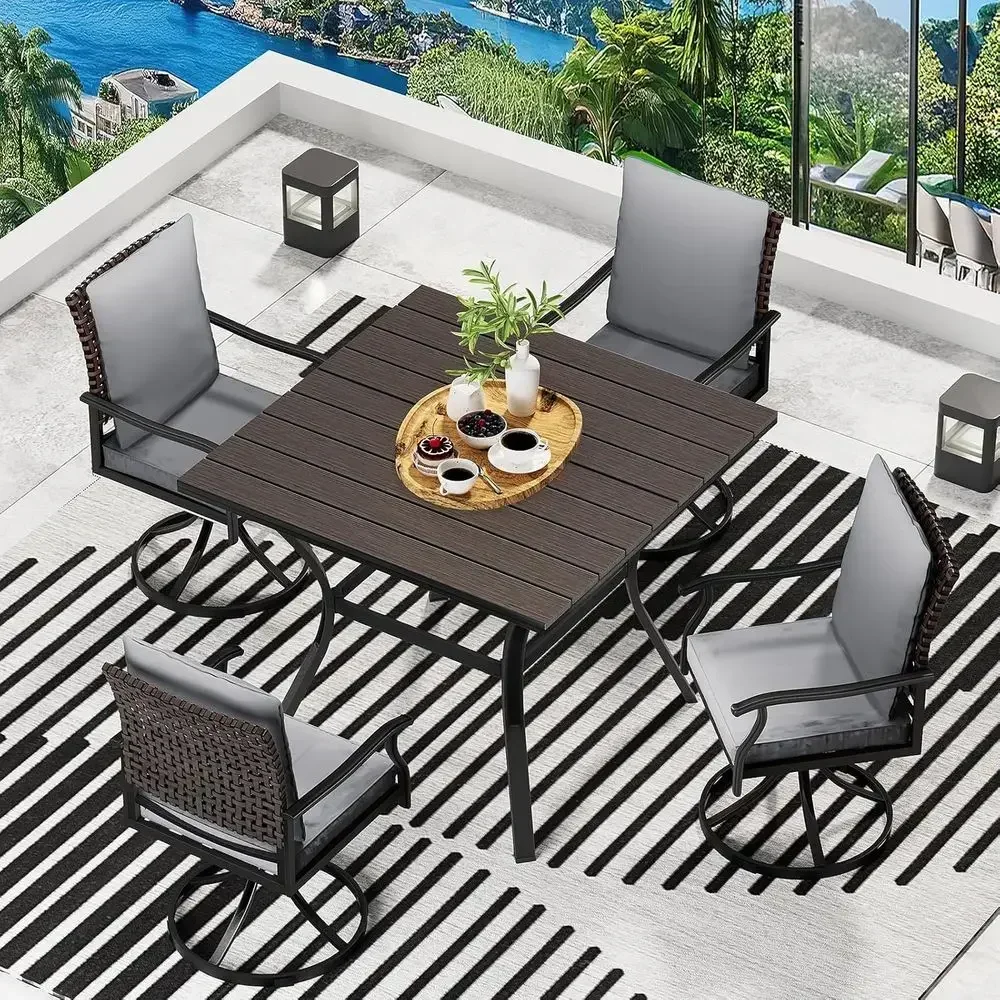 5-Piece Outdoor Patio Dining Set: 4 Swivel Chairs & Large Round Table for Garden, Deck, Backyard, Porch