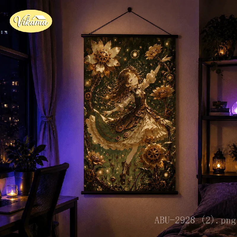 VIKAMA Steampunk Pastoral Anime Tapestry Wall Hanging Sunflower Gear Fountain Girl Wall Art Decor for Bedroom Dorm Room