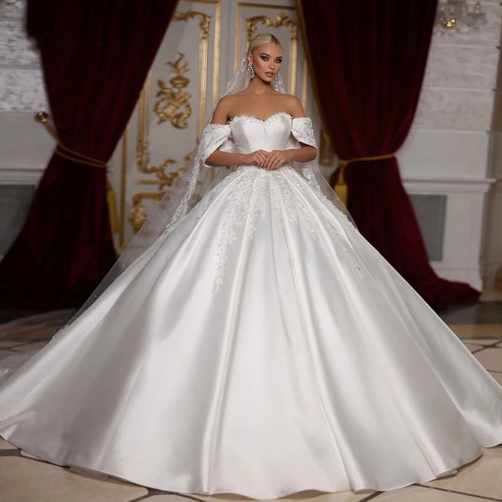 Exquisite Satin Ball Gown Wedding Dress  Off Shoulder Sleeveless Sweetheart  Bridal Gown Tailor Made  Princess Dresses