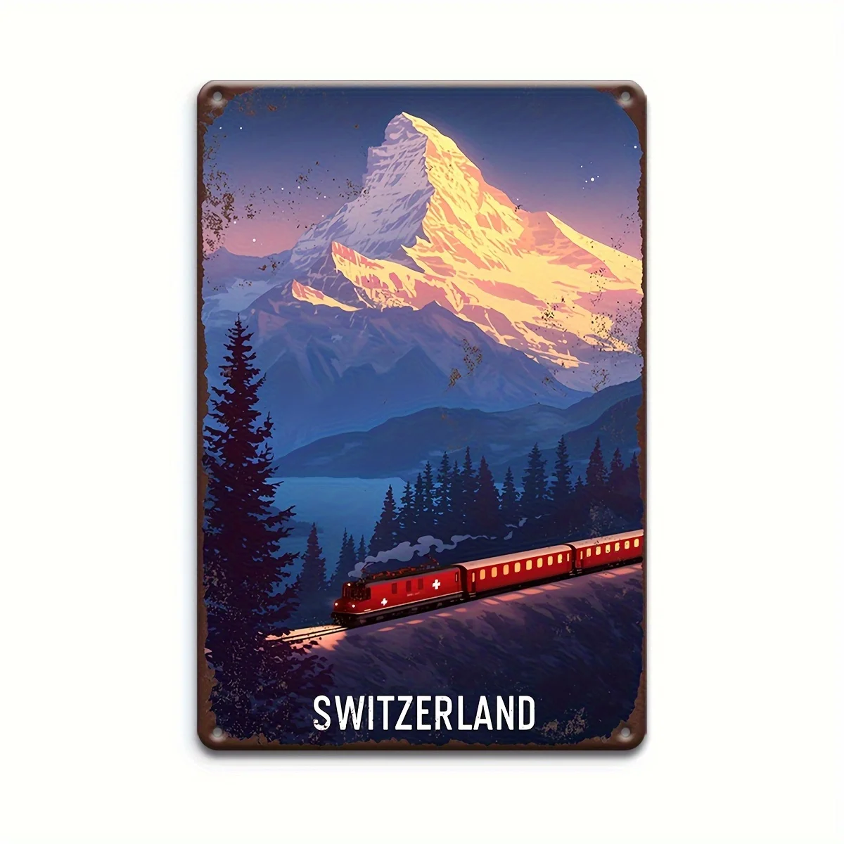 Vintage Swiss-Style Metal Wall Art -  Retro Train & Mountain Scene, Durable Iron Decor for Home, Bar, Cafe, Man Cave - Easy t