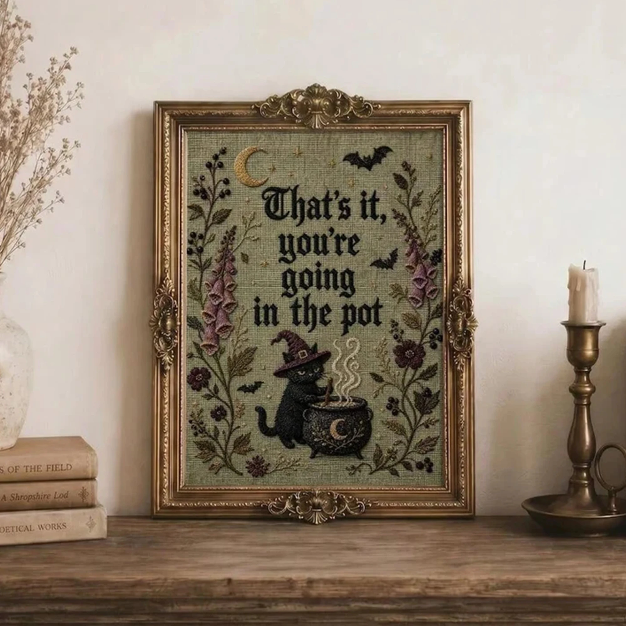 Retro Embroidery Look Witch & Black Cat Wall Art Print Canvas Painting Poster Picture For Living Room,Bedroom Home Decor