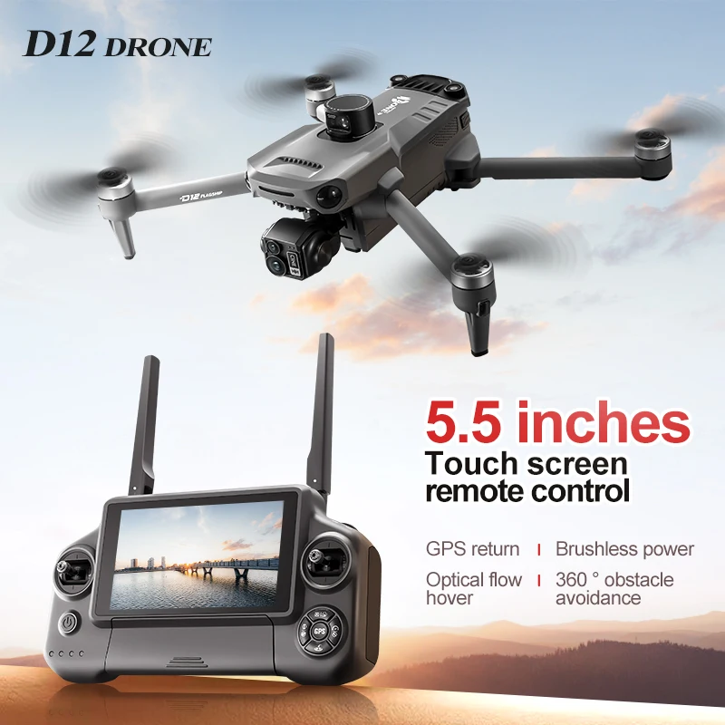 New D12 GPS Drone 3-Axis Gimbal With Touch panel Professional 8K HD Camera FPV Obstacle avodance Brushless Drone a play for adult