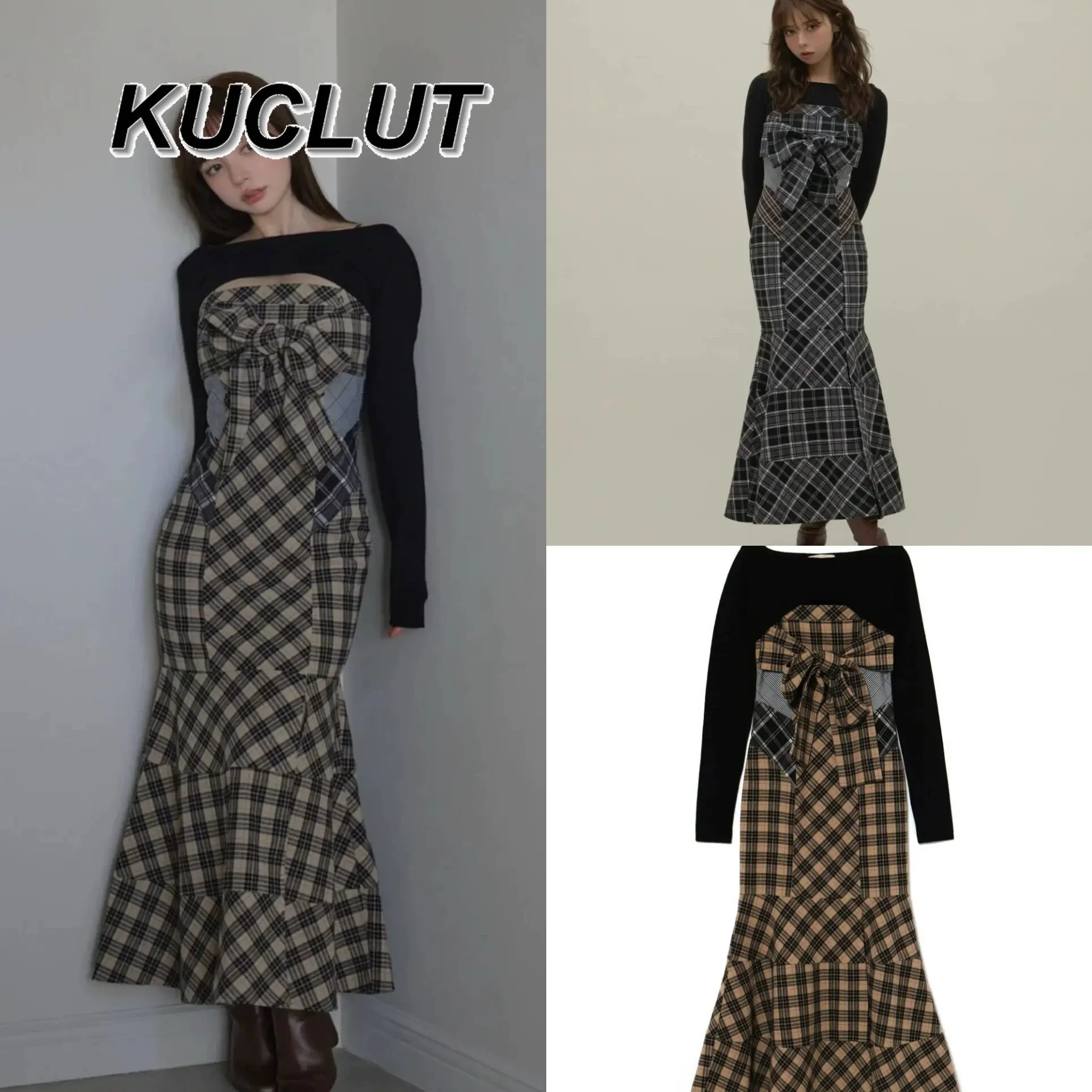 

Комплекты из двух предметов, женские наряды, весенне-осенний комплект в японском стиле, клетчатое лоскутное длинное платье на бретельках + вязаный кардиган