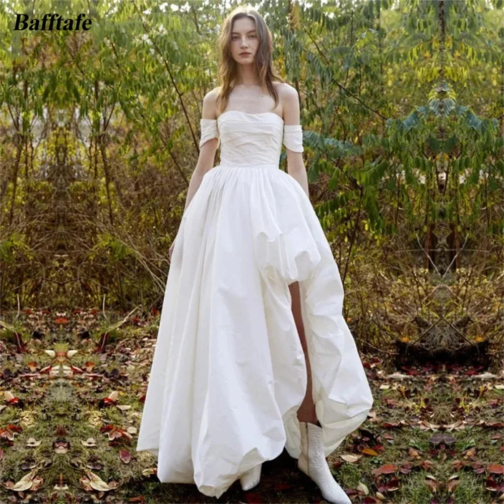 Bafftafe Custom Made Short Sleeves Wedding Dresses Taffeta High Low Skirt Formal Wedding Gowns Floor Length Women Bridal Dress