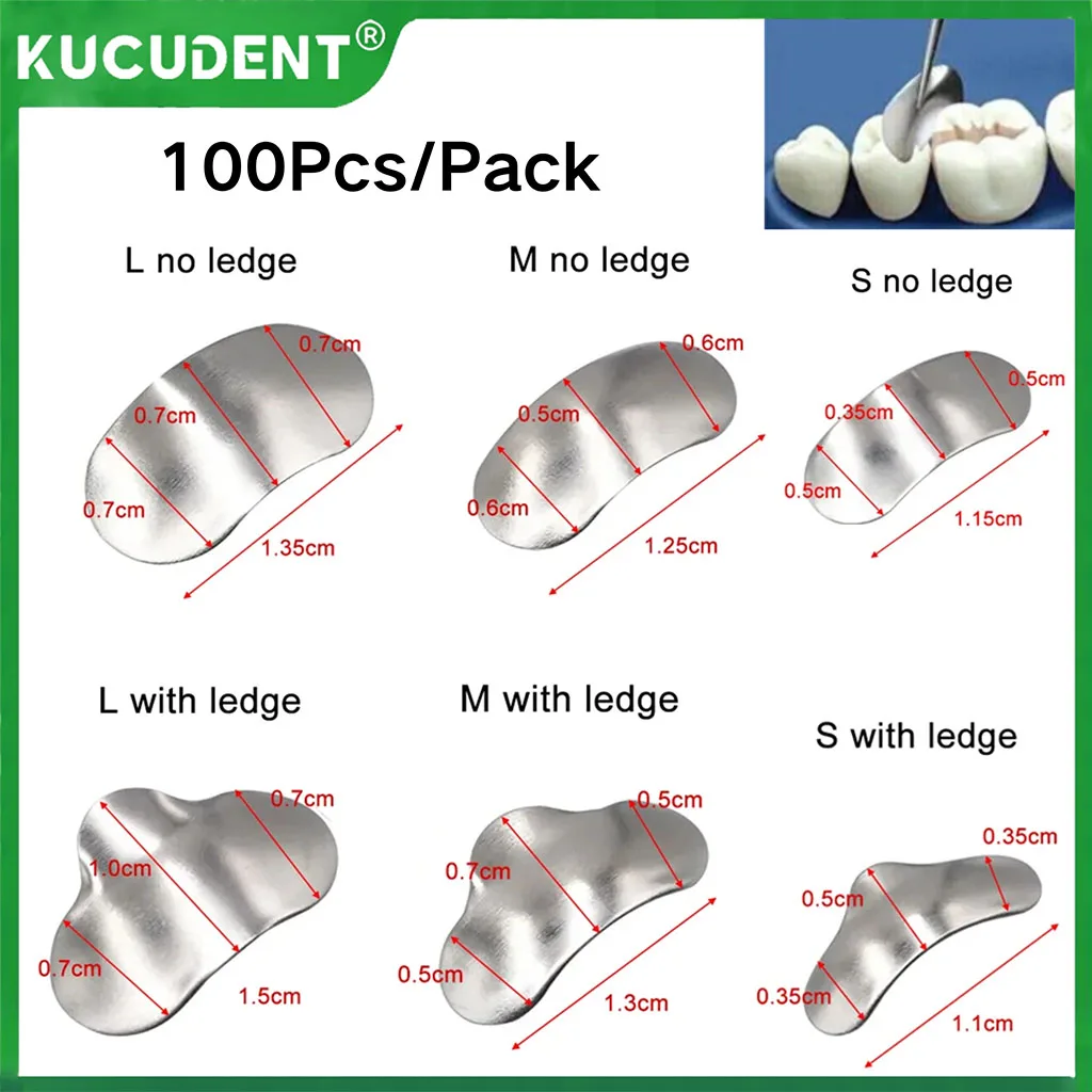 

100 шт., стоматологические металлические ленты для матриц, секционные контурные матрицы, сменный блок без выступки в размерах S/M/L для замены зубов, инструмент для стоматолога