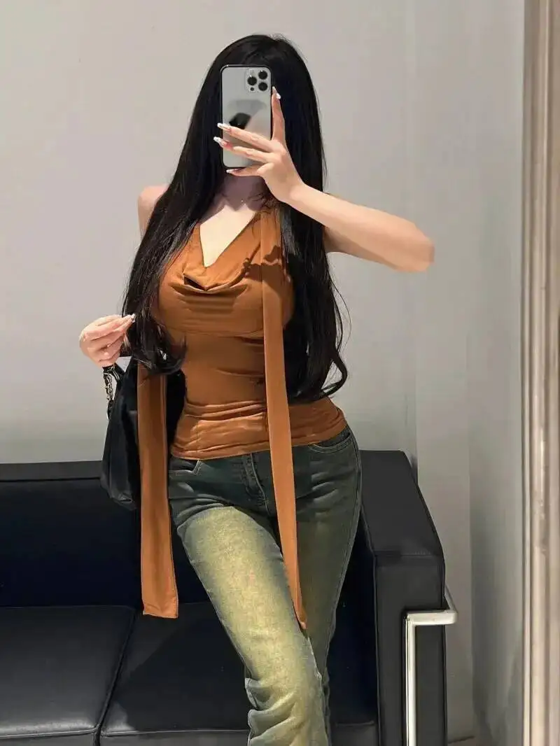 

Корейский стиль, футболка без рукавов с лентой для женщин, летняя тонкая темпераментная шикарная короткая модная сексуальная корейская женская майка 6F1H