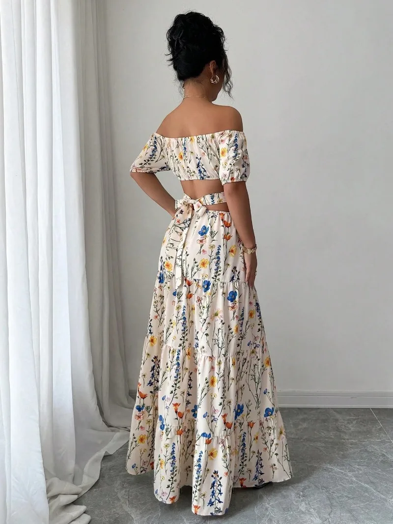 Damen Off-Shoulder Blumen-Maxikleid mit Cut-Outs und Bändern, gestuftes, fließendes langes Kleid für Sommer, Strand, Hochzeitsgäste, Cocktailpartys, Urlaub, Sonnenkleid – Detail 3