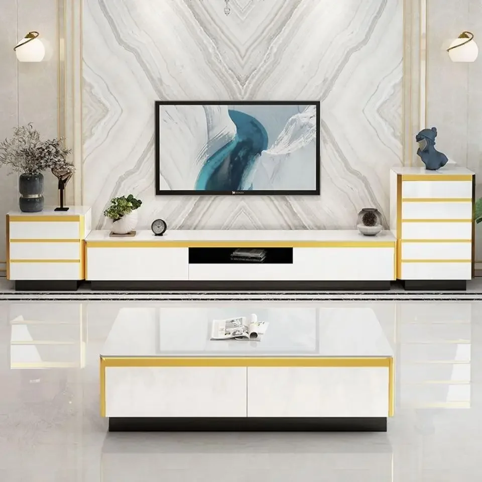 Modern luxury elegant white gold tv display stand black sliver tv console stands and coffee table set furniture for living room