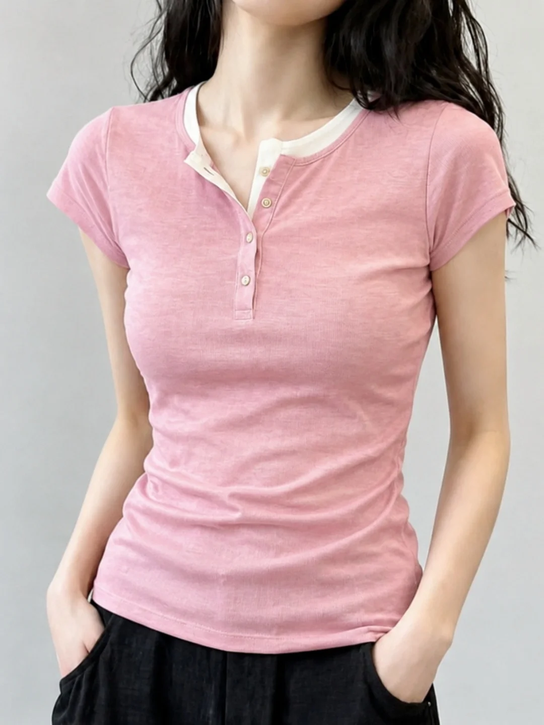 

Slim Fit Half Open Collar Soft T-Shirt Color Block Versatile Summer Fashionable Top Women's Casual Wear round Neck Short Sleeve