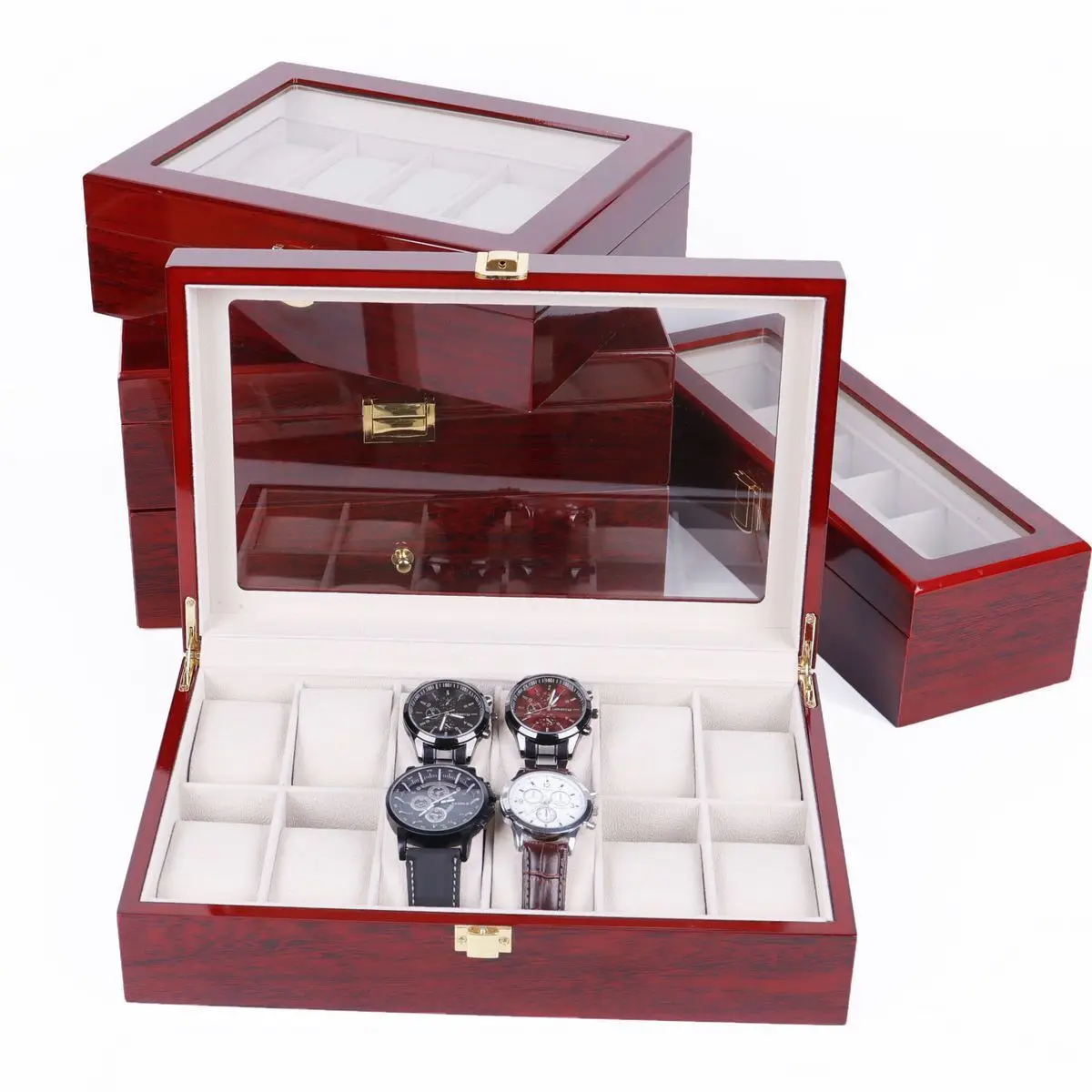 

New 2/3/5/6/10/12 Slots Wood Watch Display Box Light Red Watch Boxes Case Mechancal Watch Storage Organizer Jewelry Gift Holder