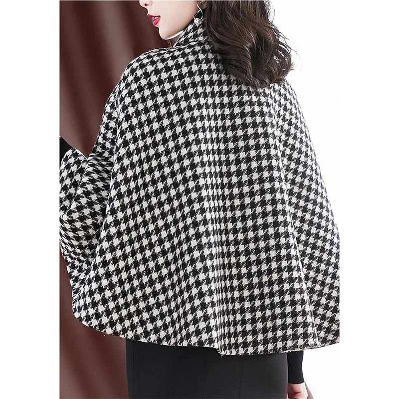 Manto Casaco De Lã Moda Feminina Xale Outerwear 2023 New Outono Inverno Houndstooth Xadrez Solto Fino Casaco Tops Feminino