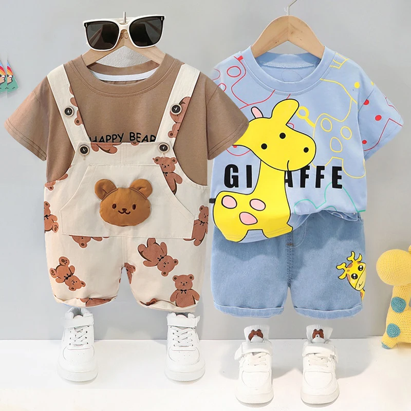 Children's spring and summer set new children's long sleeved sweater + jeans two-piece set baby boys and girls Giraffe Print Set